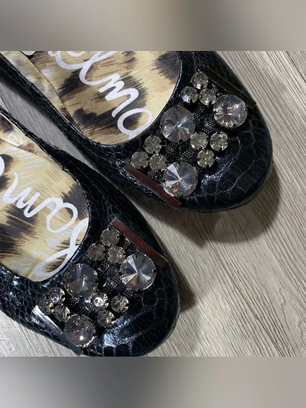 Sam Edelman “Caper” Snakeskin Embossed Texture Black Rhinestone Ballet Flats 11